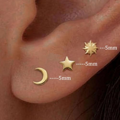 ToHeart 3 Pairs 14K Gold Plated Tiny Stud Earrings Set Gift for Women Men - color: Moon Star Sun - Gold