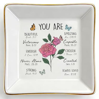 PUDDING CABIN Birthday Gifts for Women, Pink Rose Scripture Jewelry Dish, Christian Gift - style: Rose: Love, Beauty, Devotion(June Birth Flower)