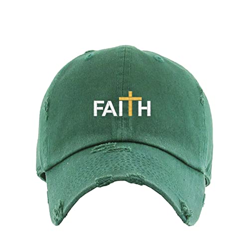 Faith with Cross Vintage Baseball Cap Embroidered Cotton Adjustable Distressed Dad Hat - color: Hunter Green