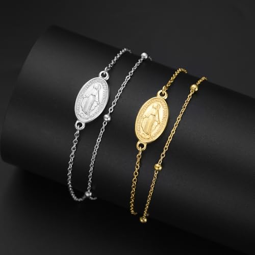 VASSAGO Virgin Mary Bracelet for Women Men Double-Sided Virgen de Guadalupe Rosary Bracelet Medal Handmade Braided Rope Catholic Christian Religious Jewelry Gift - color: gold layered