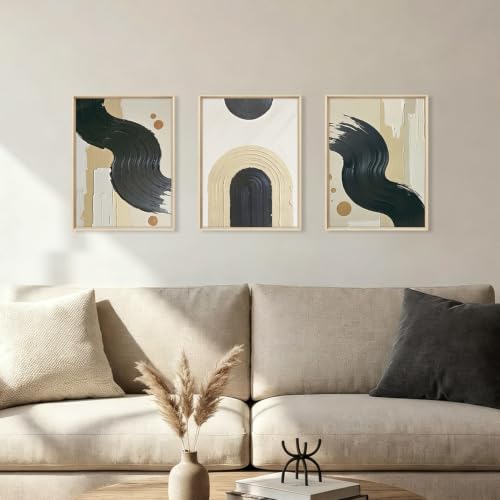 HOURIA Black Beige Abstract Neutral Framed Canvas Wall Art Set-12"x16"x3 - color: Abstract Beige Black Wall Art, size: 12"L x 16"W