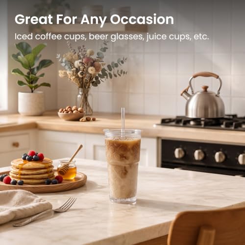 INSETLAN 20 oz Iced Coffee Cups with Lids and Straw, Set of 2 Glass Tumbler - size: 2 Pcs