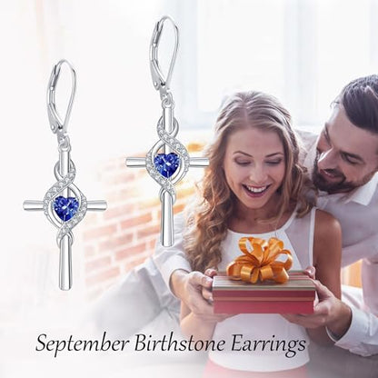 ONEFINITY Cross Earrings for Women 925 Sterling Silver Cross Birthstone Dangle Drop Earrings Infinity Cross Religious Jewelry Gifts for Women - color: 09-Sept-Created Sapphire