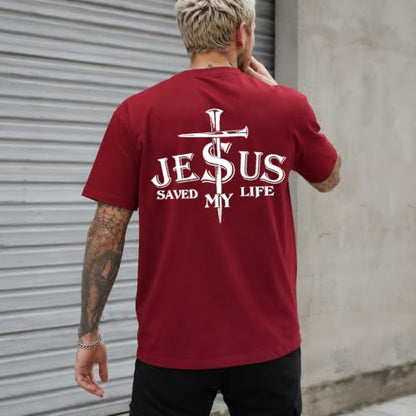 Christian Jesus Cross Shirts for Men Jesus Saved My Life T-Shirt God Tee - color: Claret, size: Small