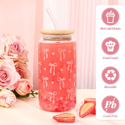 2 Pcs Cute Pink Bow Glass Cups with Lid and Straws Preppy Stuff For Girls - style: Pink Bow