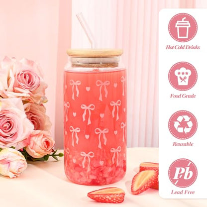 2 Pcs Cute Pink Bow Glass Cups with Lid and Straws Preppy Stuff For Girls - style: Pink Bow