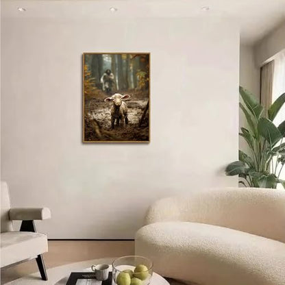 Jesus Running After Lost Lamb Framed Canvas Wall Art 16x24 inch - color: Run after, size: 16"x24" Natural