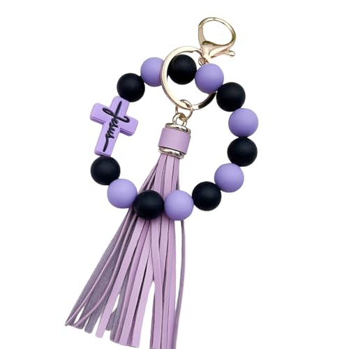 Beaded Keychain Wristlet Silicone Cross Elastic Wrist Key Ring Tassel Bangle Key Chains for Car Key Bracelet Women - color: Purple