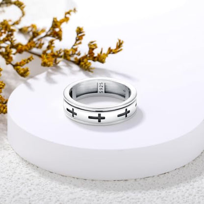 6mm Cross Rings for Men 925 Sterling Silver Lord’s Prayer Spinner Ring Wedding Band Ring for Men Women Size 8/9/10/11/12