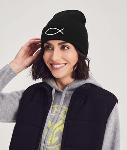 Christian Jesus Fish Beanie Hat for Men Women, Cuffed Beanie Jesus Hats, Religious Gifts for Christmas, New Years - color: Black, style: Fish