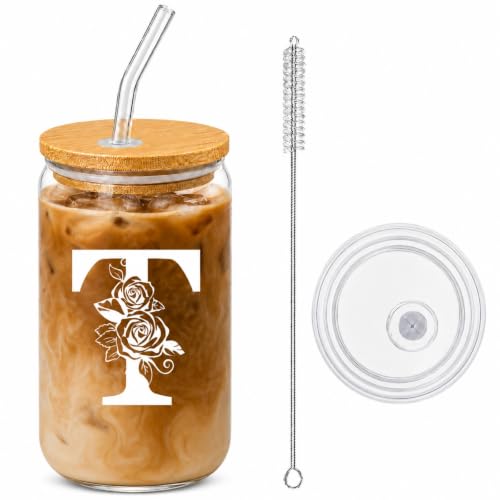 Personalized Cups, Custom Initial Tumbler, Cute Glass Tumbler, 16 oz Iced Coffee Cup, Personalized Gifts for Women, Letter T Cup with Bamboo Lid and Glass Straw, Teacher Gifts, Thank You - style: T