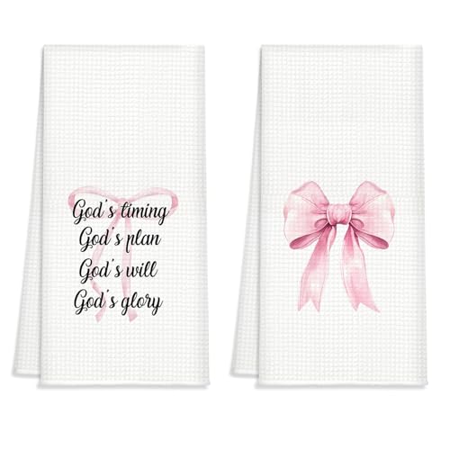 Christian Kitchen Towels Set of 2, Waffle Weave Hand Towels with Bible Verse and Pink Bow,Inspirational Decorative Dish Towels for Kitchen & Bathroom, Faith Gift for Women and Friends 16x24 Inch