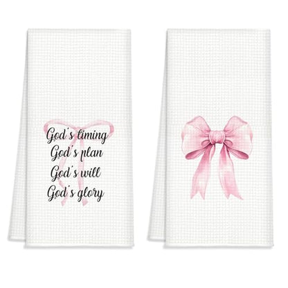 Christian Kitchen Towels Set of 2, Waffle Weave Hand Towels with Bible Verse and Pink Bow,Inspirational Decorative Dish Towels for Kitchen & Bathroom, Faith Gift for Women and Friends 16x24 Inch