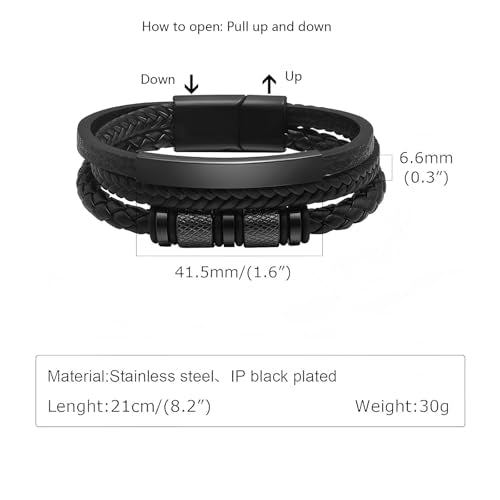 Kim Carrey Italian Handmade Leather Bracelets for Men - color: Pure Black, size: 8.2"