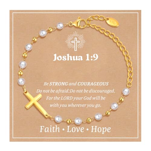 Baby Baptism Cross Bracelet Gift : 18k Gold Plated/Silver Delicate Pearl Cross Bracelets Kids Daughter Granddaughter Birthday First Communion Confirmation Gifts Christian Jewelry for Boys Girls - style: Gold - joshua 1 9