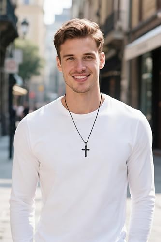 Stainless Steel Cross Necklace for Men with Adjustable Box Chain Christian Cross neckalce Gift - color: Black-A