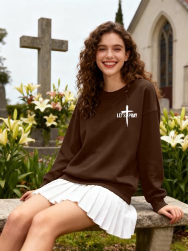 Christian Sweatshirts for Women Jesus Cross Casual Pullover - color: Brown, size: Large