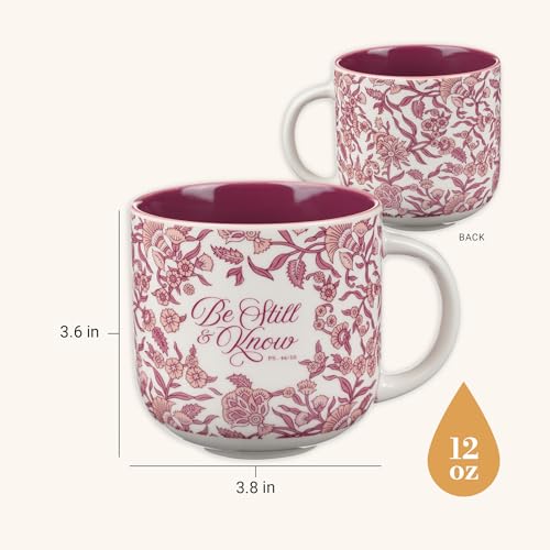 Christian Art Gifts Large Ceramic Microwave/Dishwasher Safe Coffee & Tea Mug for Women: Be Still & Know Inspirational Bible Verse, Non-toxic, Lead & Cadmium-free Cup, Dark Pink & White Floral, 12 oz.