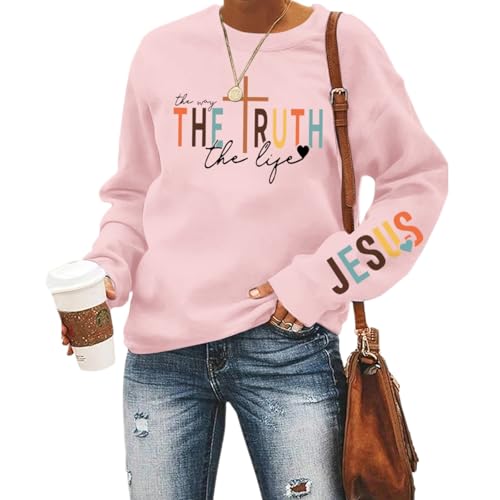 Tuislay Christian Sweatshirt Womens Jesus God Pullover Bible Verse Crewneck Sweatshirts Religious Cross Graphic Shirts - color: Pink, size: Medium