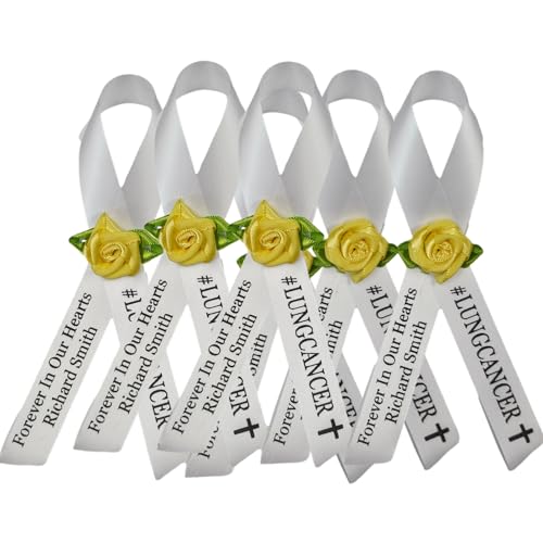 Personalized Memorial Service Funeral Ribbon Pins 20 Cross Religious Celebration of Life Custom Made Awareness Remembrance Anniversary Death Cross Sympathy Name Angel - color: White