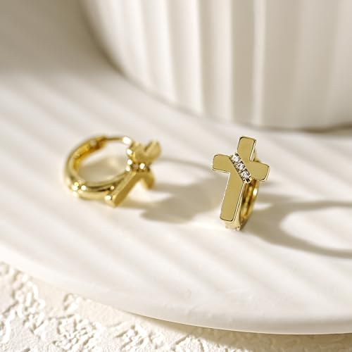 14K Gold Cross Huggie Earrings for Women Hoop Small Cross Earring - color: Gold Cross Hoop Earring