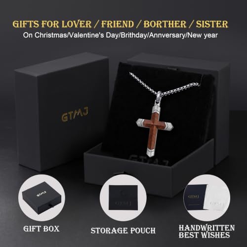 Wooden Cross Necklace for Men with Stainless Steel Adjustable Chain 24-26in, Christian Wood Crucifix Pendant Gift for Him - style: Bubinga