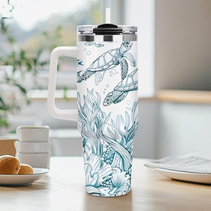40oz Sea Turtle Tumbler with Straw Handle, Ocean Theme Gifts for Women Girls, Marine Life Stainless Steel Insulated Travel Coffee Mug Drink Cup for Teenagers Youth Birthday Graduation Beach Vacation - color: Sea Turtle-D-177