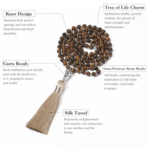 INBLUE 108 Mala Prayer Beads Wrap Necklace with Long Tassel Boho Necklace for Women Amazonite Bead Bracelet with Spiritual Tree of Life Pendant 108 Beads Necklace for Meditation - color: Natural Tiger Eye