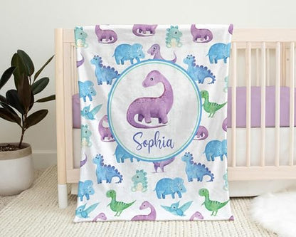 Personalized Baby Blanket – Printed in USA, Purple Dinosaur Name Blanket for Girls, Watercolor Dino Newborn Swaddle, Personalized Dino Baby Gift, Baptism, Soft Fleece 30"X40" - color: Purple Dinosaur Baby