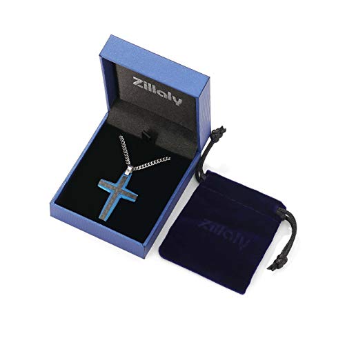 Men's Stainless Steel Cross Necklace,Two-Tone Black & Blue Carbon Fiber Pendant - Included Gift Box - style: Black & Blue XL001
