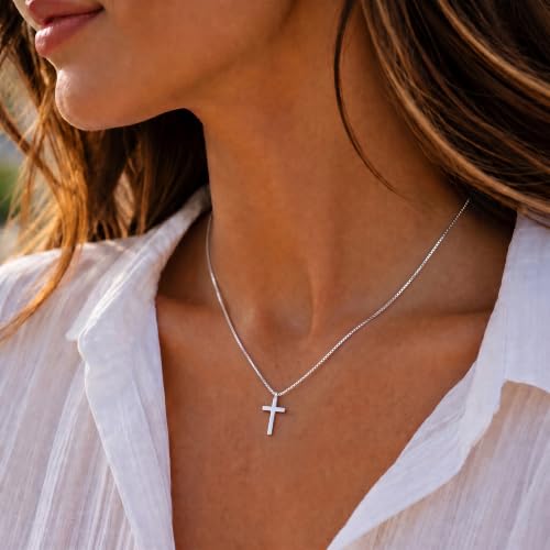 925 Sterling Silver Cross Necklace for Women,1.0MM Box Chain Cross Necklace - color: Silver-18