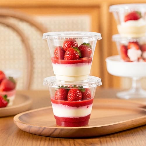 Cayxenful 50 Packs 9oz Disposable Dessert Cups with Lids No Hole, Clear Plastic Cups with Lids for Ice Cream, Cake, Snacks, Fruit, Cold Drinks, Smoothie, Pudding, Salad