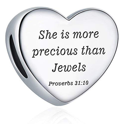 Heart Charm Fit Pandora Charms Bracelet Christian Bible Verse Charm Prayer Faith Religious Charms Gifts for Women - style: She is more precious than Jewels Proverbs 31:10
