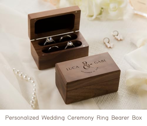 Custom Name & Date Ring Box - Personalized Botanical Walnut Wood Holder - color: Custom &