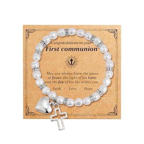 Eaciy First Communion Gifts for Girls - 14K Whited Gold Plated Cross Heart Bracelet First Baptism Communion Communion Bracelet Gifts for Teen Girls - color: First Communion