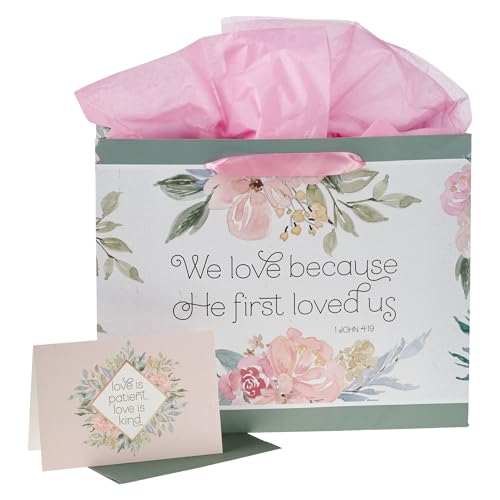 Christian Art Gifts Large Gift Bag with Card & Tissue, He First Loved Us - color: First Love Us/Green & Pink, style: Large Landscape