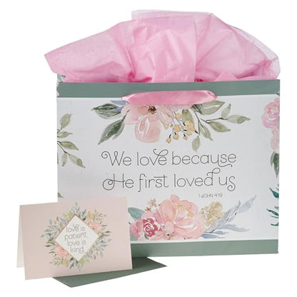 Christian Art Gifts Large Gift Bag with Card & Tissue, He First Loved Us - color: First Love Us/Green & Pink, style: Large Landscape