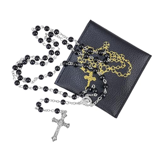Rosary Beads Catholic, Rosary Necklace with Leather Pouch with Magnetic Top Bag for Men and Women Christian Gifts - color: Black B