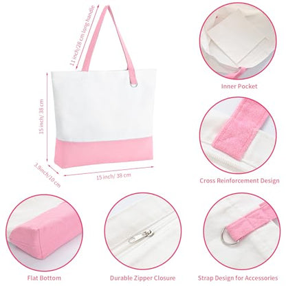 6-Pack Canvas Tote Bag with Zipper, Large Reusable Grocery Tote, Pink - color: Pink/White