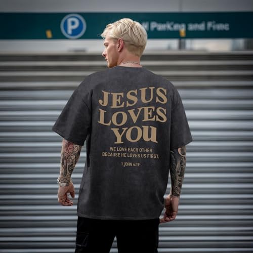 Mens Christian Shirts Jesus is King Love You Tshirt God Faith Religious Bible Verse Oversized Acid Wash Graphic Tees - color: Black, size: 3X-Large