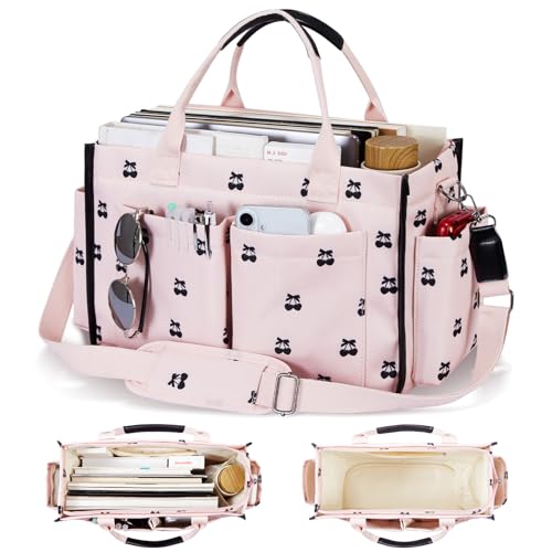 Janhavi Travel Tote Bag for Women with Zipper Closure & Shoulder Strap, Large Canvas Handbags for Bible Work Teacher Nurse - color: Light Pink & Bow