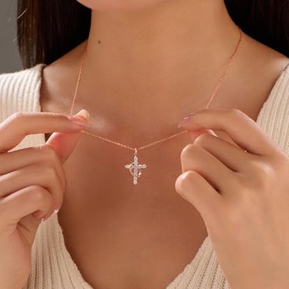 925 Sterling Silver Cross With Crown Necklace for Women 16+2 Inch - color: Rose Gold