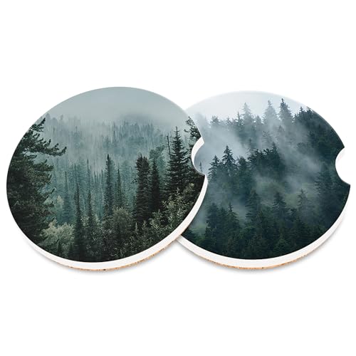 Car Coaster for Cup Holders,Dark Forest Nature Mountain Universal Anti Slip Ceramic Car Cup Coaster with Finger Notch Set of 2 Cute Auto Interior Accessories for Women Men - color: Dark Forest