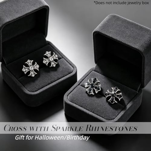 Gothic Cross Stud Earrings, Black & Silver Small CZ Jewelry for Women Men