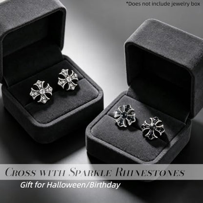 Gothic Cross Stud Earrings, Black & Silver Small CZ Jewelry for Women Men