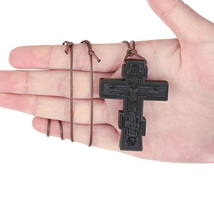 COTTVOTT Wood Orthodox Cross Pendant Necklace Christian Crucifix Necklace Prayer Jesus for Women Men - style: B-Black Color