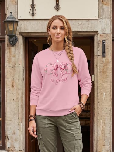 Eatbook Christian Sweatshirts for Women Jesus Long Sleeve Pullover Tops - color: Pink-bow, size: Medium