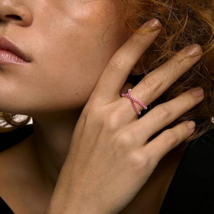 Moissanite Wedding Bands Crisss Cross/Curve/Wishbone Eternity Rings for Her - color: A. Criss Cross - Ruby