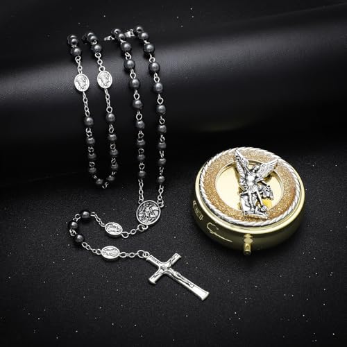 KOMI 6mm Glass Pearl Rosary Beads Catholic for Women with Metal Rosary Box Religious Gifts - style: St Michael-hematite