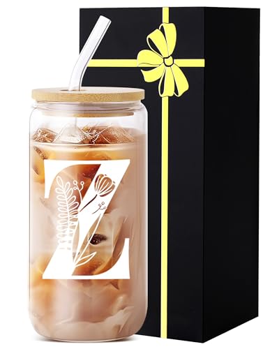 Yekidos Monogrammed Glass Drinking Cup With Lid Straw Funny For Women Personalized Coffee Cup Regalos Para Mujer Teen Girl Gifts Trendy Stuff Iced Glasses Tumbler Must Haves For Women Home Essentials - style: Initial Z